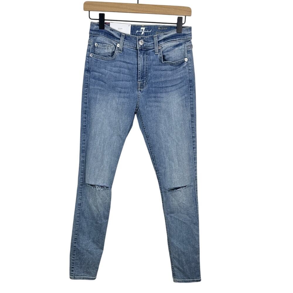 7 For All Mankind High Rise Ankle Skinny Jeans 27 Distressed Light Wash NWT Luxe
